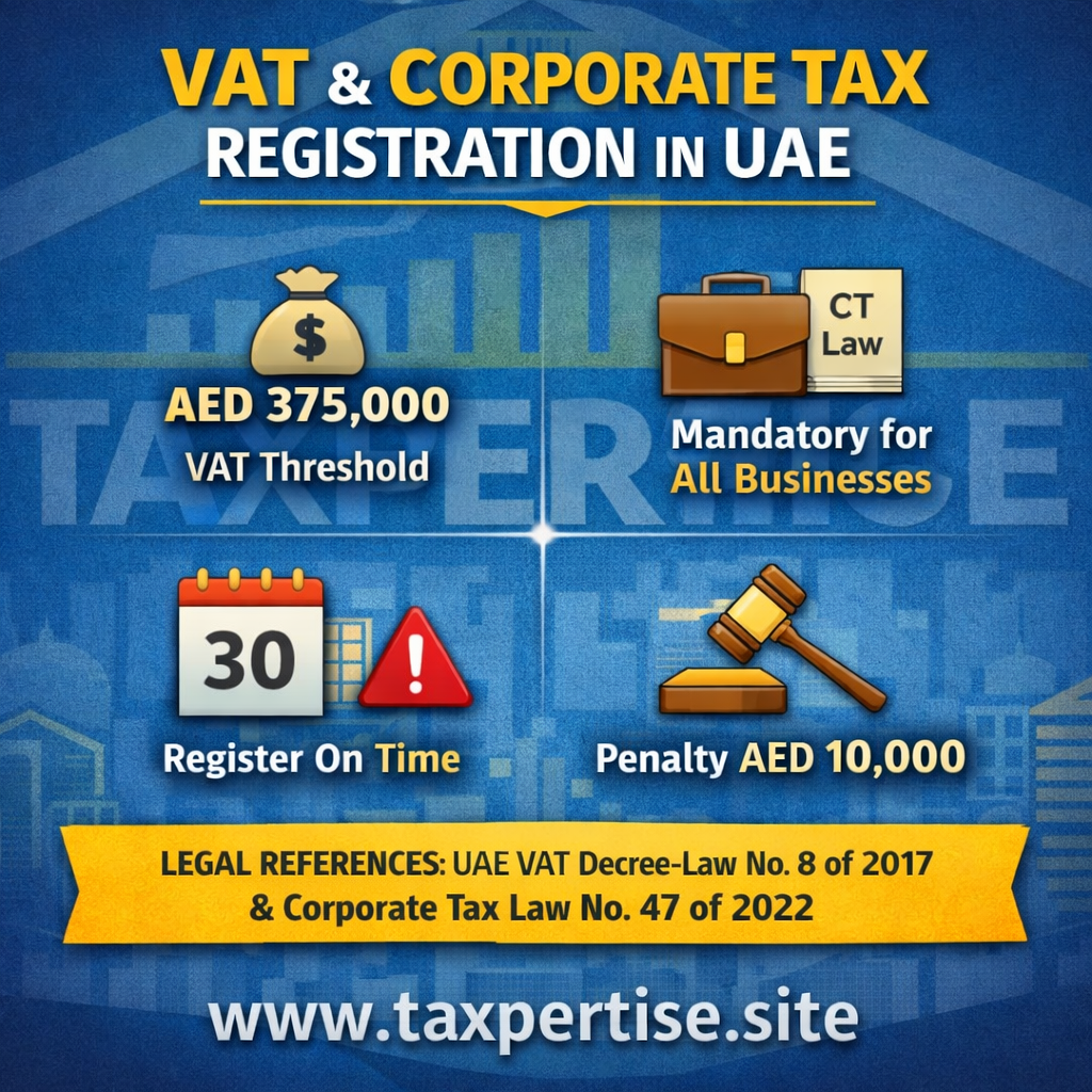 Who Must Register for VAT & Corporate Tax in UAE? Registration Thresholds, Deadlines, Penalties & Legal References